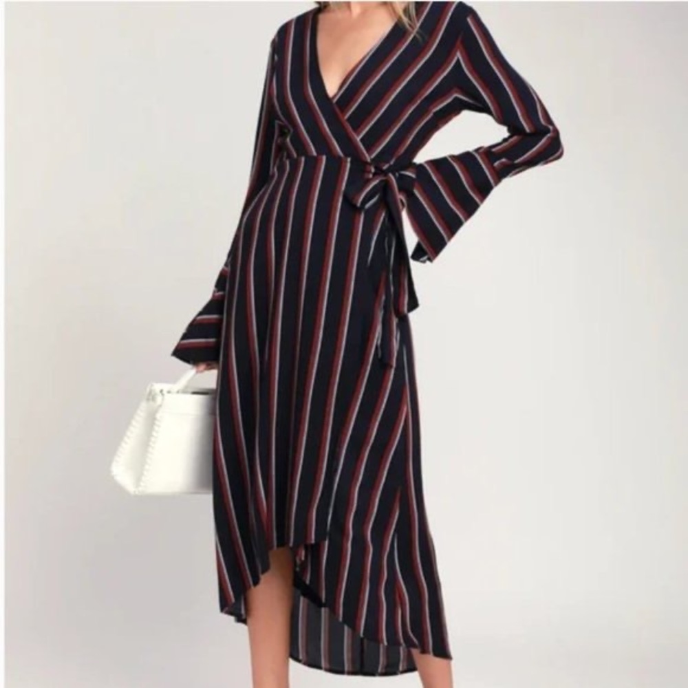 LUSH Appleton navy blue striped wrap dress